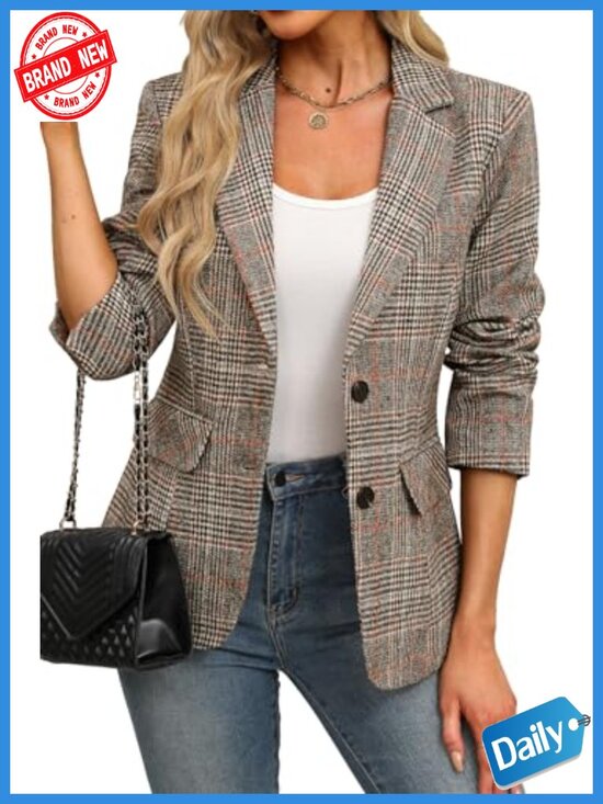Jackets & Blazers - Women's Plaid Blazer Business Casual Work Office Suit Jacket Houndstooth Tweed